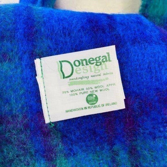 Donegal Design Mohair Wool Purple Green Plaid Scarf Cozy - Picture 5 of 6